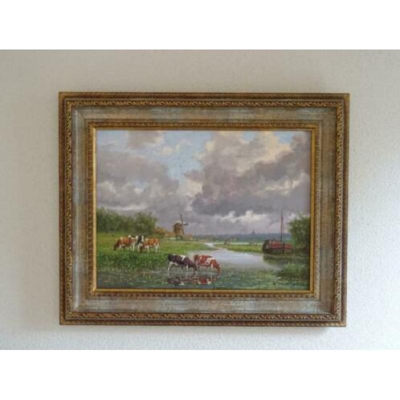 Mooi schilderij koeien aan het water met molen A.J. Temming