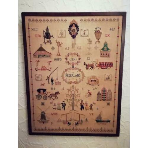 Antiek brocante borduur werk wandbord schilderij
