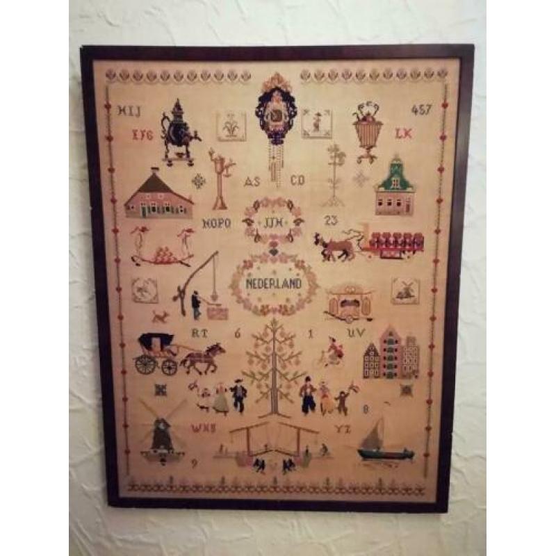 Antiek brocante borduur werk wandbord schilderij