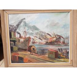Schilderij haven gezicht gesigneerd