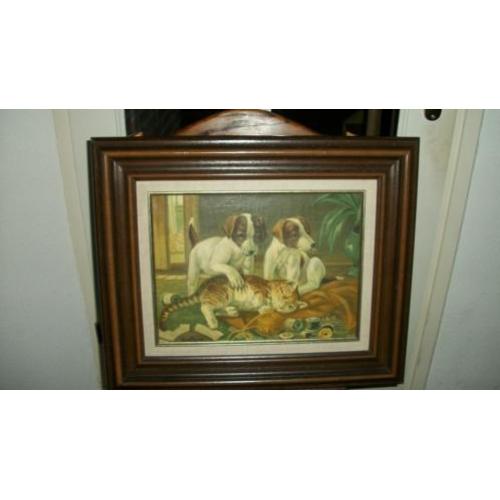 Leuk schilderij met honden en een kat. Gesign. Afm. 50x60.