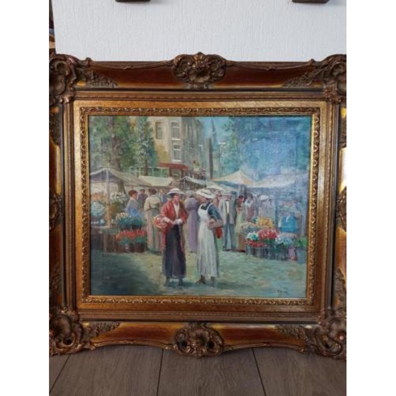 Antiek schilderij bloemen markt